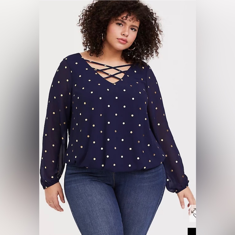 TORRID Navy Chiffon blouse with gold polka dots.